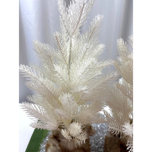 Vintage Small Artificial White Christmas Trees Plastic Branches in Faux Fur Base - Picture 3 of 10